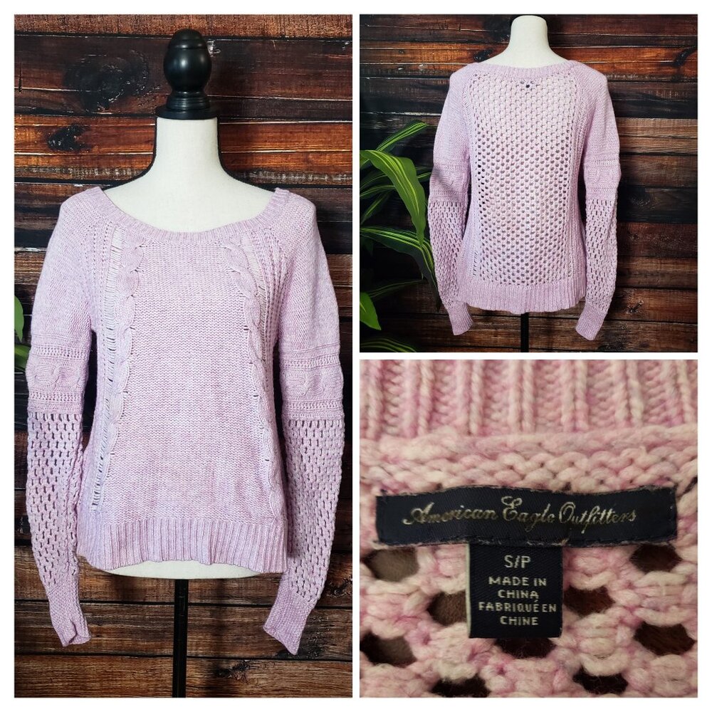 American Eagle Sweater S Open Knit Pink Blue White Marled